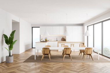 Beyaz ve tuğladan duvarları, ahşap zemini, beyaz dolapları, barı ve yemek masası olan modern mutfağın içi. 3d oluşturma