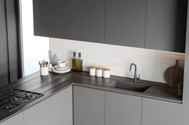 Gri duvarları, gri tezgahları ve dolapları olan şık bir mutfağın köşesi. 3d oluşturma