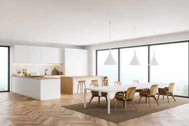 Beyaz ve tuğla duvarlı panoramik mutfağın köşesi, ahşap zemin, beyaz dolaplar, bar ve yemek masası. 3d oluşturma