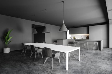 Gri ve tuğladan duvarları, beton zemini, gri dolapları, bar ve yemek masası olan şık bir mutfağın köşesi. 3d oluşturma