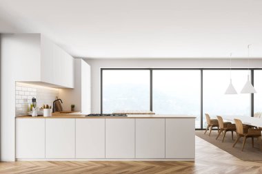 Beyaz ve tuğladan duvarları, ahşap zemini, beyaz dolapları, bar ve yemek masası olan modern mutfağın yan görüntüsü. 3d oluşturma