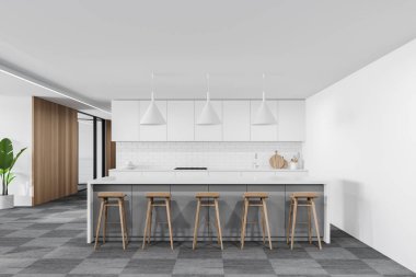 Beyaz ve ahşap duvarları, halı döşemeleri, beyaz dolapları ve tabureli barları olan modern mutfağın içi. 3d oluşturma