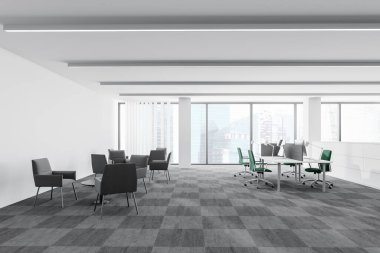 Beyaz duvarları, halı döşemeleri ve yeşil sandalyeli bilgisayar masaları olan açık uzay ofisinin içi. Salon alanı solda. 3d oluşturma