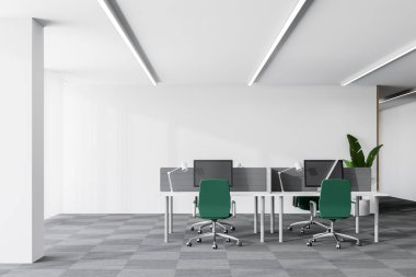 Beyaz duvarları, halı döşemeleri ve yeşil sandalyeleri olan modern açık uzay ofisinde rahat bir iş yeri. 3d oluşturma