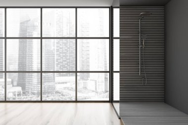 Gri ve koyu ahşap duvarları ve beton zemini olan modern panoramik banyoda rahat bir duş kabini var. 3d oluşturma