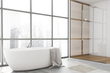 Beyaz duvarlı panoramik banyonun köşesi, fayanslı zemin, rahat küvet ve duş kabini. 3d oluşturma