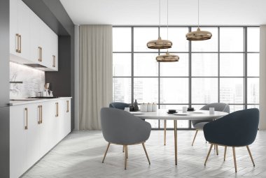 Gri ve mermer duvarları, döşemeleri, beyaz dolapları ve tezgahları olan şık bir mutfak. Koltuğlu yuvarlak yemek masası. 3d oluşturma