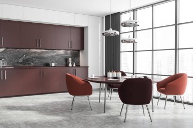 Beyaz ve mermer duvarları, beton zemini, kahverengi dolapları ve tezgahları olan modern mutfağın köşesi. Koltuğlu yuvarlak yemek masası. 3d oluşturma