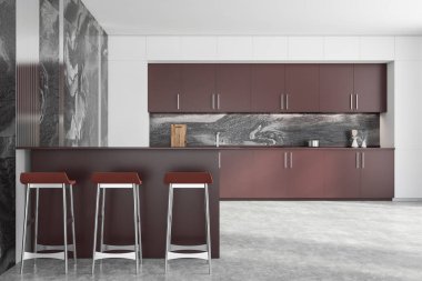 Beyaz ve mermer duvarları, kahverengi dolapları ve tezgahları ve tabureli barları olan modern mutfağın içi. 3d oluşturma
