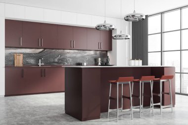 Modern mutfağın köşesinde beyaz ve mermer duvarlar, kahverengi dolaplar ve tezgahlar ve tabureli bir bar var. 3d oluşturma