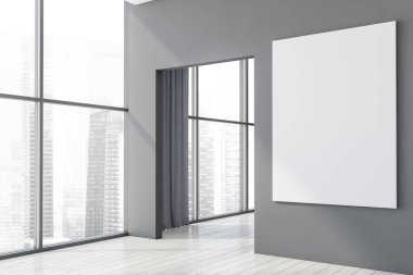Gri duvarları, ahşap zemini ve panoramik penceresi olan modern dairede asılı posterler. 3d oluşturma
