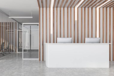 Ahşap duvarları, beton zemini ve beyaz kabul masası olan modern ofis bekleme odasının içinde. Arka planda açık uzay ofisi. 3d oluşturma