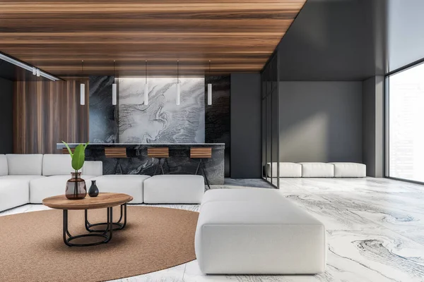 Boční Pohled Luxusní Obývací Pokoj Černými Mramorovými Stěnami Mramorovou Podlahou — Stock fotografie