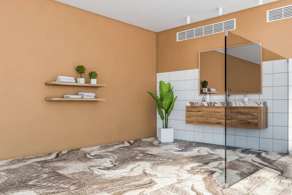 Roh Luxusní Koupelny Bílými Oranžovými Stěnami Mramorovou Podlahou Pohodlnou Vanou — Stock fotografie