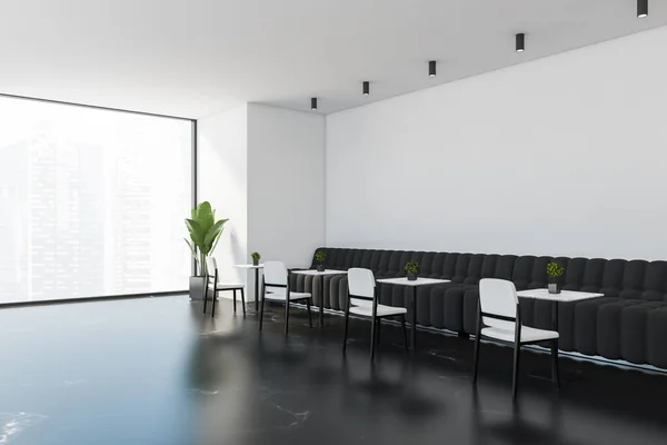 Corner of stylish restaurant with white walls, marble floor, black sofas and comfortable chairs. 3d rendering