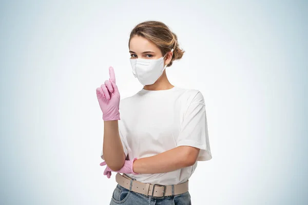 Beautiful Young Woman Protective Mask Gloves Pointing Upwards Standing Blue — Stock Photo, Image