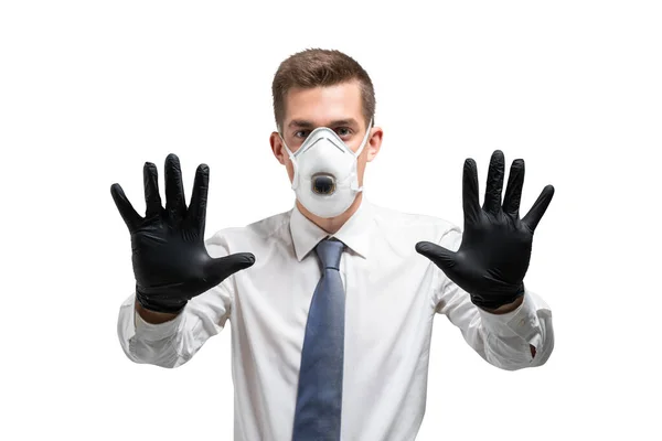 Serious Young Businessman Gloves Protective Mask Showing Stop Sign Isolated — Stock Photo, Image