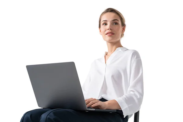 Beautiful Young European Businesswoman Fair Hair Using Her Laptop Sitting — Stock Photo, Image