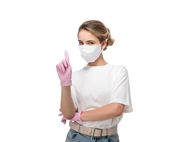 Beautiful Young Woman Protective Mask Gloves Pointing Upwards Isolated Portrait — Stock Photo, Image