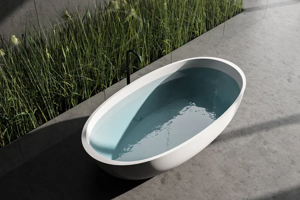 Top View Panoramic Bathroom Concrete Floor Comfortable Bathtub Water Rendering — Stock Photo, Image