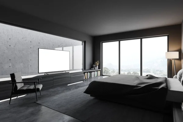 회색과 침실의 콘크리트 크기의 침대와 안락의자 조롱의 화면이 있습니다 렌더링 — 스톡 사진