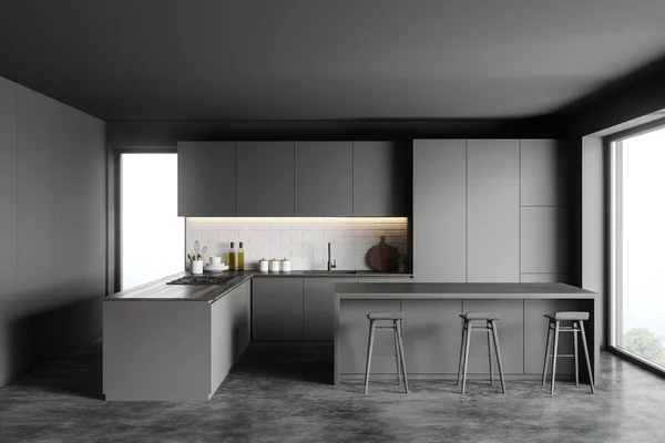 Interior Stylish Kitchen Gray Brick Walls Concrete Floor Gray Cupboards — Stock Photo, Image