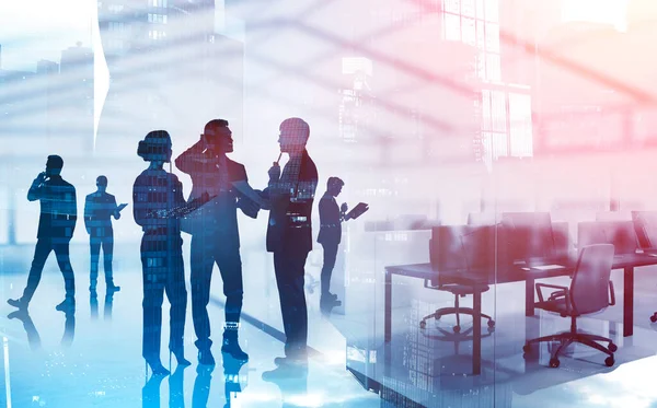 Silhouettes Business People Working Together Blurry Office Double Exposure Effect — Stock Photo, Image