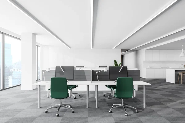 有白色墙壁 铺了地毯的地板和一排有绿色椅子的电脑桌的开放空间办公室的内部 3D渲染 — 图库照片