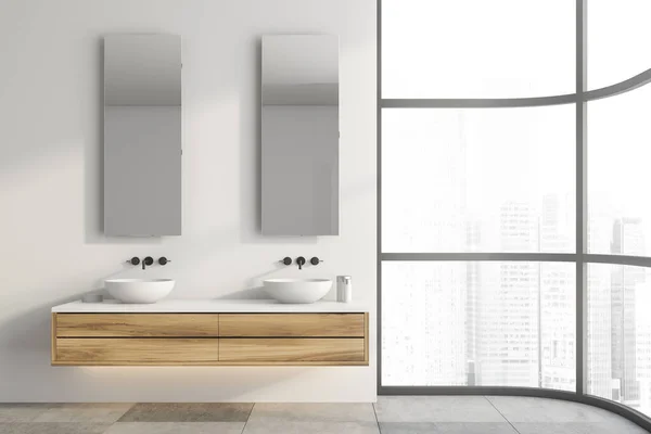 Cómodo Lavabo Doble Pie Encimera Madera Moderno Baño Panorámico Con —  Fotos de Stock