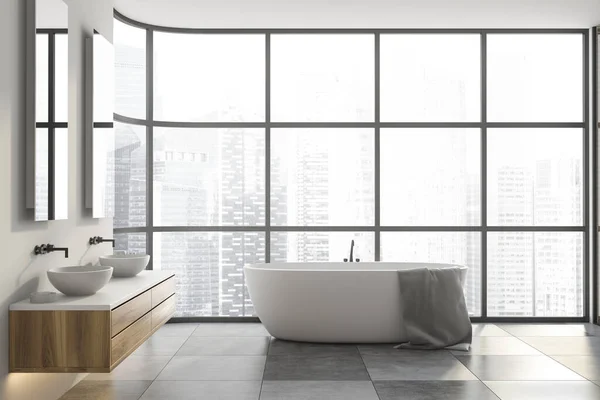 Interior Panoramic Bathroom White Walls Tiled Floor Comfortable Bathtub Double — Stock Photo, Image