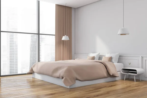 Esquina Dormitorio Moderno Con Paredes Blancas Suelo Madera Cama King — Foto de Stock