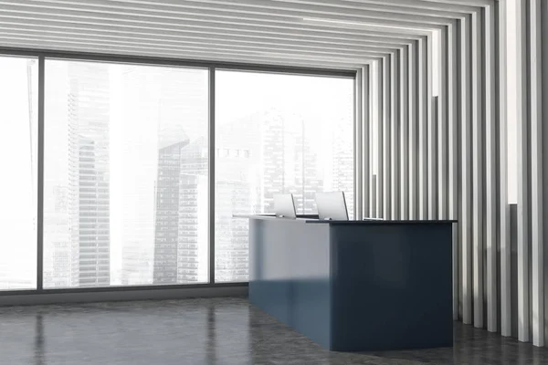 Corner of panoramic office with dark wooden walls, concrete floor and gray reception desk with two computers. 3d rendering