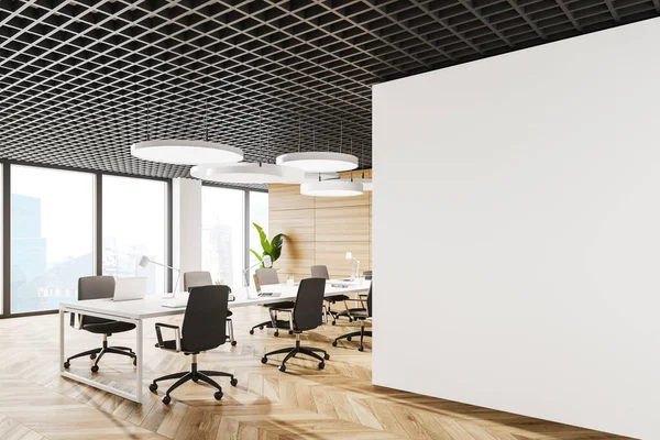 Corner Stylish Open Space Office White Walls Wooden Floor Long — Stock Photo, Image