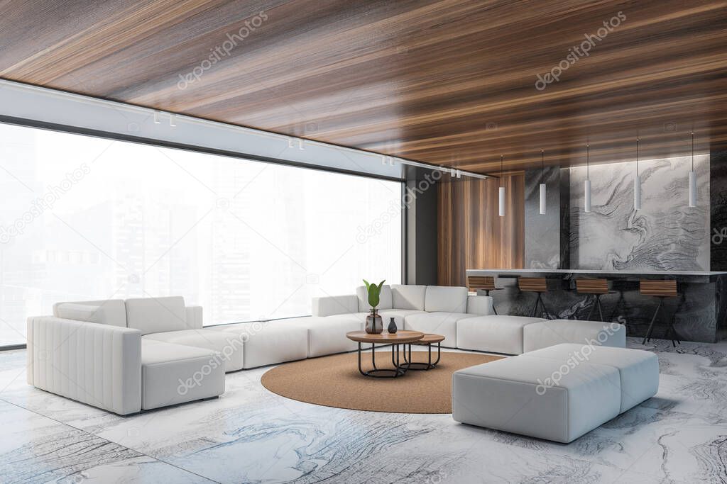Corner of luxury living room with black and marble walls, marble floor, white sofa and bar with stools. 3d rendering