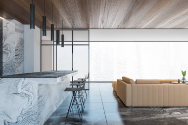 Panomraik oturma odasının içinde beyaz ve mermer duvarlar, mermer zemin, bej kanepe ve tabureli bar. 3d oluşturma