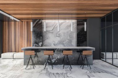 Modern oturma odasında, siyah mermer duvarları ve mermer zemini olan beyaz koltuklu rahat bir bar. 3d oluşturma