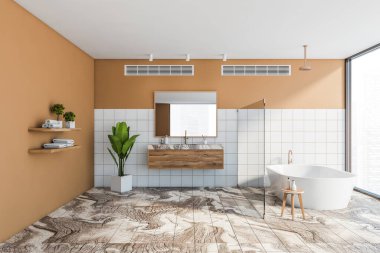 Lüks banyo, beyaz ve turuncu duvarlar, mermer zemin, rahat küvet ve aynalı çift lavabo. 3d oluşturma