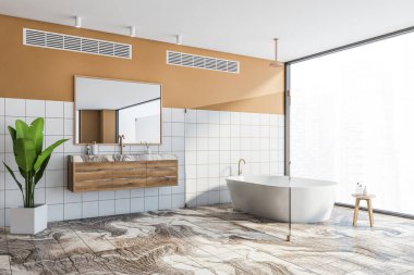 Lüks banyonun köşesinde beyaz ve turuncu duvarlar, mermer zemin, rahat küvet ve aynalı çift lavabo. 3d oluşturma