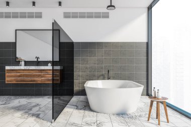 Lüks banyo manzarası, beyaz ve siyah duvarlar, mermer zemin, rahat küvet ve aynalı çift lavabo. 3d oluşturma