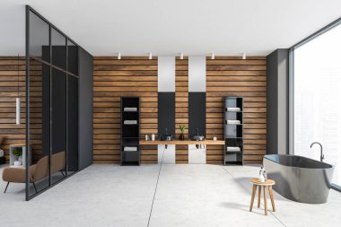 Gri ve ahşap duvarları, beton zemini, rahat gri küveti ve çift lavabosu olan şık bir banyo. 3d oluşturma