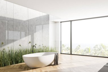 Beyaz ve taş duvarlı panoramik banyonun köşesi, ahşap zemin ve rahat küvet. 3d oluşturma