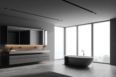 Gri duvarları, beton zemini olan şık bir banyonun köşesi, ahşap dolapta duran çift lavabo ve rahat bir küvet. 3d oluşturma