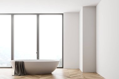 Minimalist banyo, beyaz duvarlar, ahşap zemin ve panoramik pencerenin yanında duran rahat küvet. 3d oluşturma