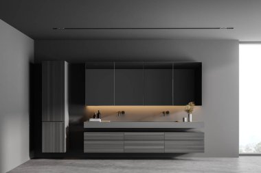 Gri duvarları, ahşap zemini, büyük penceresi ve ahşap dolabın üzerinde duran çift lavabosu olan şık bir banyo. 3d oluşturma