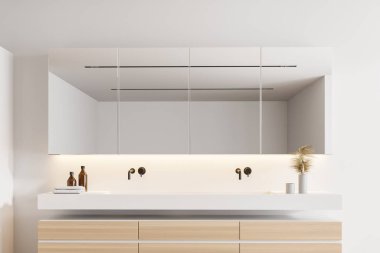 Modern banyo, beyaz duvarlar, ahşap zemin, büyük pencere ve ahşap dolapta duran çift lavabo. 3d oluşturma