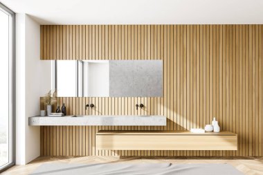 Modern banyo, beyaz ve ahşap duvarlar, ahşap zemin, rahat çift lavabo ve büyük ayna. 3d oluşturma