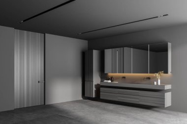 Gri duvarları, beton zemini ve ahşap dolapta duran çift lavabolu şık bir banyonun köşesi. 3d oluşturma