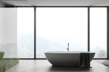 Camdan duvarları, beton zemini, rahat küveti ve bulanık dağ manzaralı panoramik banyo manzarası. 3d oluşturma