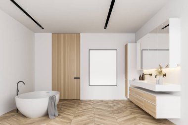Modern banyo, beyaz duvarlar, ahşap zemin, ahşap dolapta duran çift lavabo ve rahat küvet. Dikey maket posteri. 3d oluşturma