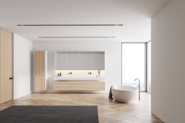 Modern banyo, beyaz duvarlar, ahşap zemin, ahşap dolapta duran çift lavabo ve rahat küvet. 3d oluşturma